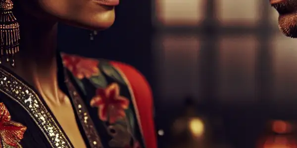 A passionate interaction between a confident woman and an intrigued man in an intimate, culturally rich setting.