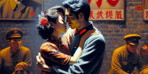 A passionate couple in 1960s Chinese attire embraces in a dimly lit room filled with vintage propaganda posters.