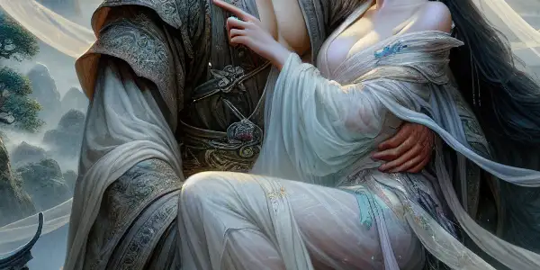 Yang Guo and Xiaolongnu embrace passionately in a lush, mystical landscape with cherry blossoms and traditional architecture.