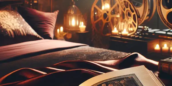 A luxurious bedroom scene featuring an open book of erotic illustrations, with a vintage film projector in the background.