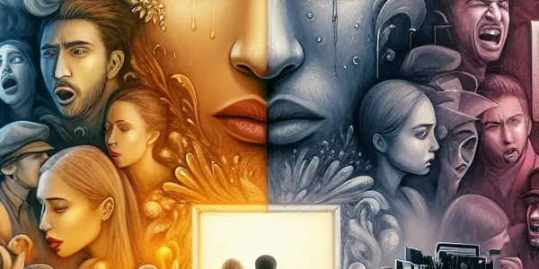 A split image contrasting exaggerated romantic performances with the stark reality of filmmaking behind the scenes.