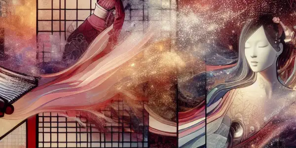 A surreal scene merging traditional Japanese aesthetics and modern erotic themes, featuring stylized figures and intricate details.