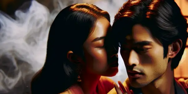 A couple in an intimate setting, conveying passion and longing amidst soft lighting and romantic elements.