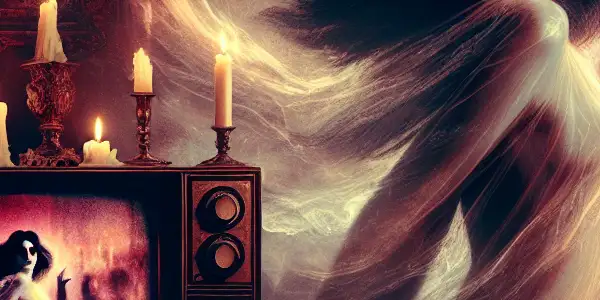 A ghostly figure in a haunted mansion surrounded by sensual elements and unsettling details, evoking erotic horror.