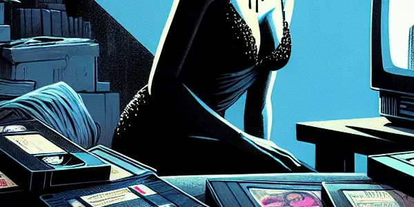 A shadowy woman in vintage attire surrounded by chaotic adult film media in a dimly lit, underground setting.