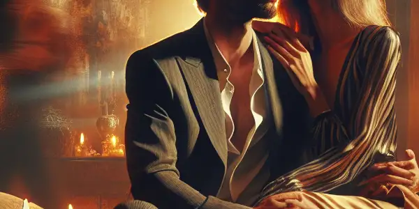 A romantic couple sharing an intimate moment in a warmly lit, elegantly decorated room.