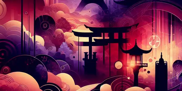 An abstract digital landscape blending Western and Asian cultural elements, featuring iconic landmarks and film motifs.
