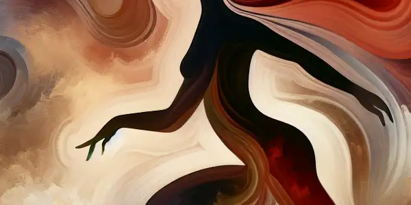 A graceful silhouette in motion, showcasing elegant curves against a vibrant, abstract background of deep reds and soft pinks.