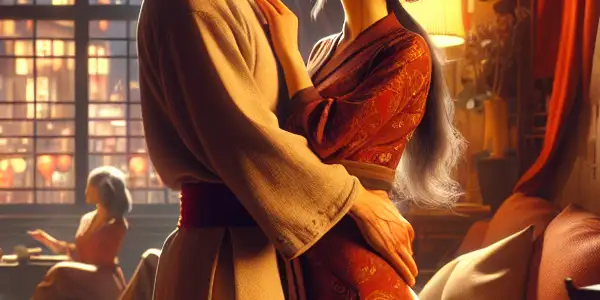 A passionate couple embraces in a cozy, warmly lit apartment, surrounded by elements of modern Chinese culture.