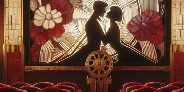 Vintage cinema interior showcasing plush seats, an ornate screen, and silhouettes of couples in passionate poses.