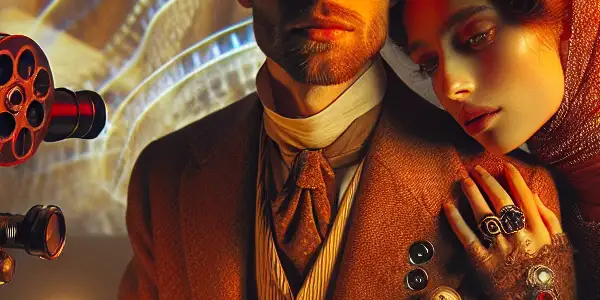 A passionate couple in vintage attire embraces on a dimly lit film set, surrounded by vintage equipment and abstract projections.