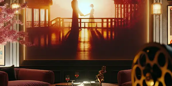 A stylish, intimate room featuring a vintage film projector and classic movie posters, blending European and Japanese aesthetics.