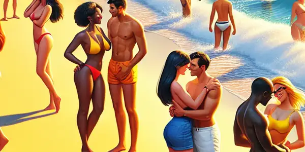 A vibrant French beach scene with diverse, carefree beachgoers enjoying nudity, romance, and a sunny, inviting atmosphere.