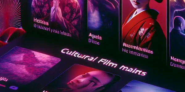 A modern digital interface showcasing a vibrant library of Japanese adult films with a seductive, dark theme.