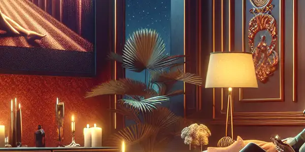 A cozy, dimly-lit living room with a couple relaxing on a sofa, a screen showing abstract sensuality.