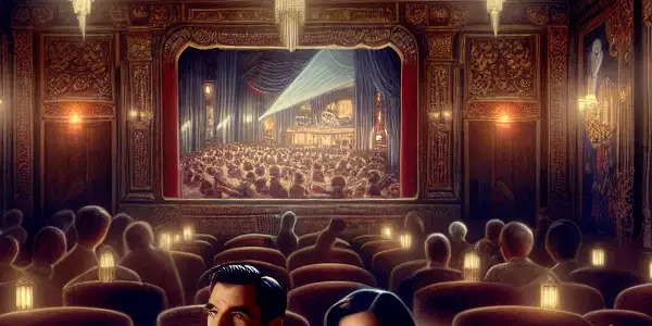 An elegant couple watches a film in a dimly lit, vintage-inspired room adorned with Japanese cultural elements.