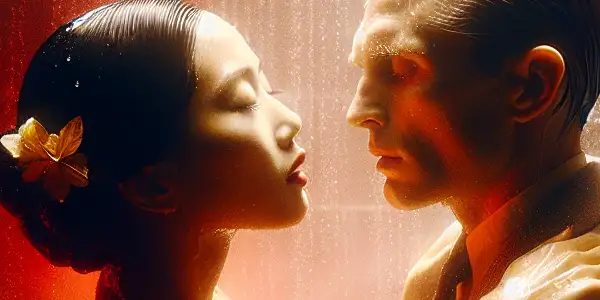 A passionate embrace in a luxurious shower, with water droplets highlighting desire and vulnerability between two figures.