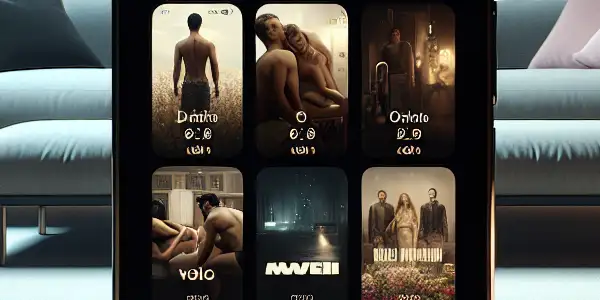 A sleek smartphone displays a user-friendly adult entertainment app in a cozy, intimate setting.