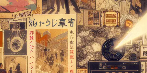 A cozy cinema scene with diverse individuals discussing erotic literature and films, surrounded by seductive decor and nostalgic elements.