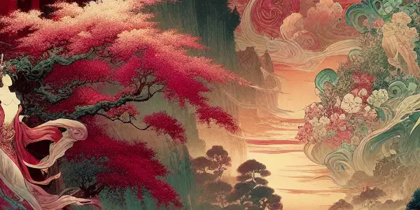 A fantastical landscape featuring cherry blossoms, serene temples, and ethereal figures embodying sensuality and grace.<a href=