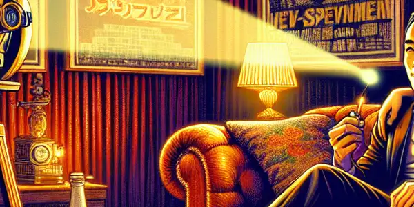 A cozy, dimly-lit room showcasing a couple watching classic Japanese adult films with vintage decor and intimate atmosphere.