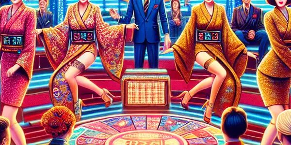 A lively Japanese game show stage featuring diverse contestants in playful, risqué challenges amidst vibrant neon lights.