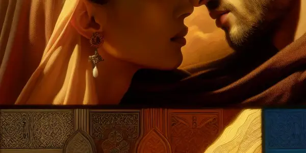 A tender embrace between two characters, conveying desire and vulnerability amidst contrasting emotional atmospheres.