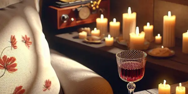 A cozy reading nook featuring an open book, vintage projector, and hints of eroticism in a warm, intimate setting.