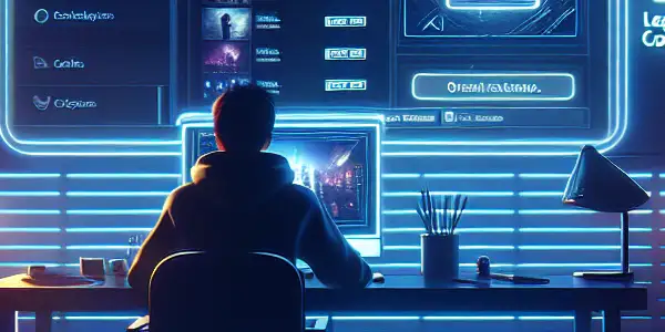 A user at a modern desk discreetly downloads adult content on a high-tech interface in a dimly lit room.